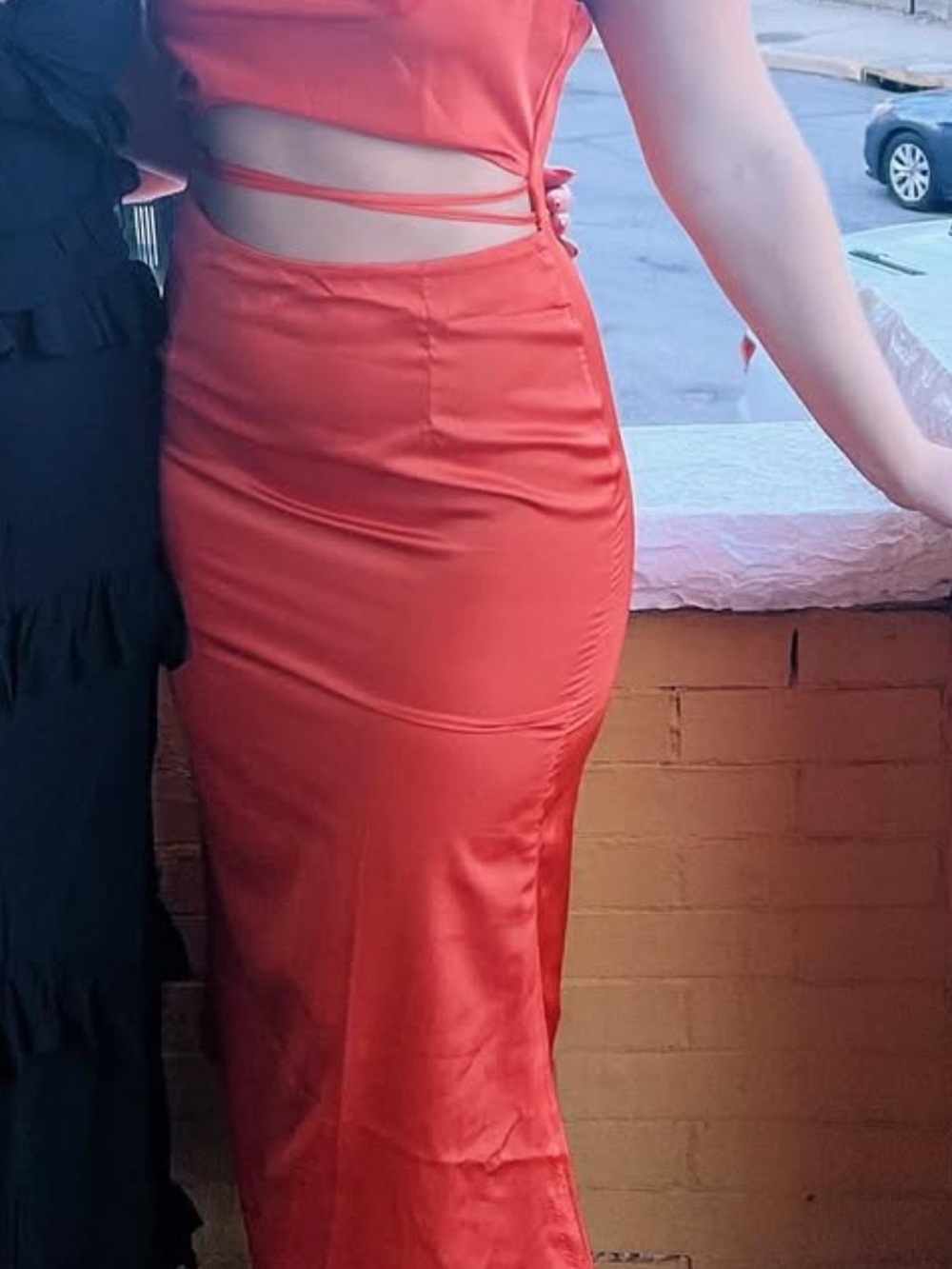 Amazon Red Satin Maxi Dress with Side Cutout and Strappy Waist